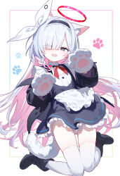 Rule 34 | 1girl, alternate costume, animal ear fluff, animal ears, animal hands, black eyes, black footwear, black hairband, blue archive, blush, braid, cat ears, cat girl, cat paws, cat tail, colored inner hair, dress, eluthya, enmaided, frills, full body, hair over one eye, hairband, halo, heart, heart-shaped pupils, highres, kemonomimi mode, long hair, long sleeves, looking at viewer, maid, maid headdress, multicolored hair, open mouth, paw pose, pink hair, plana (blue archive), puffy sleeves, red halo, red pupils, ribbon, single braid, smile, solo, symbol-shaped pupils, tail, thighhighs, white hair