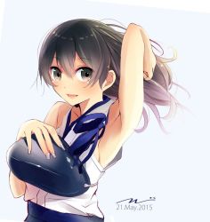 Rule 34 | 10s, 1girl, 2015, :d, alternate costume, alternate hairstyle, arm up, armor, armpits, black eyes, black hair, blue background, breastplate, collarbone, dated, fake nails, grey nails, hair between eyes, japanese clothes, kaga (kancolle), kantai collection, kimono, looking at viewer, muneate, nail polish, open mouth, simple background, sleeveless, smile, solo, tebi (tbd11)