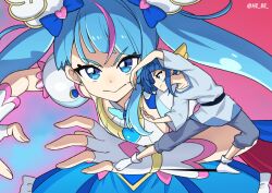 Rule 34 | 1girl, blue eyes, blue hair, bow, cure sky, fingerless gloves, g gundam, gloves, gradient background, gundam, hair bow, hair tie, head wings, heebee, highres, hirogaru sky! precure, loose clothes, loose shirt, magical girl, martial arts, master asia, master gundam, parody, precure, shirt, skirt, sora harewataru, tunic, twintails, wings