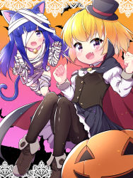 Rule 34 | 2girls, animal ears, bandage over one eye, bandaged head, bandages, bat (animal), bell, black cape, black footwear, black headwear, black pantyhose, black vest, blonde hair, blue hair, border, buttons, cape, cat ears, cat tail, claw pose, clenched hands, collar, colored inner hair, commentary, english commentary, fang, furude rika, gradient background, grey skirt, halloween, halloween costume, hands up, hat, hazumi otoya, highres, higurashi no naku koro ni, houjou satoko, jack-o&#039;-lantern, lace trim, long hair, long sleeves, looking at viewer, mini hat, mixed-language commentary, multicolored hair, multiple girls, mummy costume, neck bell, open mouth, orange background, pantyhose, pink background, pink collar, pumpkin, purple eyes, purple hair, red cape, shirt, short hair, skirt, smile, tail, tongue, top hat, two-sided cape, two-sided fabric, vampire costume, vest, white shirt