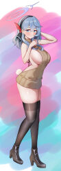 Rule 34 | 1girl, ako (blue archive), alternate costume, black thighhighs, blue archive, blue eyes, blue hair, blush, breasts, brown sweater, damgnim, earrings, fake tail, full body, halo, highres, jewelry, large breasts, looking at viewer, looking to the side, meme attire, rabbit tail, sideboob, skindentation, solo, stud earrings, sweater, tail, thighhighs, virgin killer sweater
