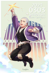Rule 34 | 1boy, :d, artist name, belt, black eyes, black pants, black vest, buzz cut, character name, clenched hand, dated, facial hair, foxvulpine, full body, goatee, golden kamuy, grey hair, happy birthday, highres, jumping, male focus, open mouth, pants, pointing, pointing up, shiraishi yoshitake, short hair, sideburns, smile, solo, very short hair, vest