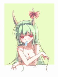 Rule 34 | 1girl, bad id, bad pixiv id, bikini, bow, bra, breasts, cleavage, ex-keine, female focus, food, food in mouth, green hair, highres, horn bow, horns, kamishirasawa keine, lingerie, long hair, medium breasts, mouth hold, popsicle, red eyes, siqi (miharuu), solo, strap slip, swimsuit, touhou, underwear, upper body