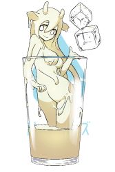 Rule 34 | 1girl, akira (meltyhip), animal ears, blonde hair, breasts, closed mouth, colored sclera, colored skin, completely nude, contrapposto, cow ears, cow girl, cow horns, cup, drinking glass, hand up, horns, ice, ice cube, in container, in cup, large breasts, looking at viewer, milk, mini person, minigirl, monster girl, nude, original, slime girl, smile, solo, standing, white eyes, yellow sclera, yellow skin