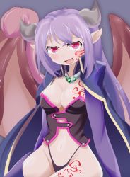 Rule 34 | 1girl, alma elma, artist request, breast tattoo, breasts, cape, curvy, demon girl, female focus, highres, horns, large breasts, long hair, looking at viewer, mon-musu quest!, monster girl, pointy ears, purple hair, red eyes, revealing clothes, shiny skin, smile, solo, tail, tattoo, thong, very long hair, wide hips, wings