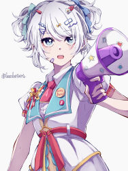 Rule 34 | 1girl, absurdres, aqua eyes, badge, bandaid, bandaid on face, bang dream!, belt, blue ribbon, blush, button badge, commentary request, dress, hair ornament, hair ribbon, hairclip, heart, highres, holding, holding megaphone, looking at viewer, megaphone, necktie, nuruponnu, open mouth, pink necktie, red belt, ribbon, short sleeves, simple background, solo, speaker, star (symbol), two side up, upper body, wakamiya eve, white background, white dress, white hair