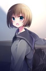 Rule 34 | 1girl, :d, bad id, bad pixiv id, bag, black neckwear, blue eyes, blue sailor collar, blush, brown hair, commentary request, fang, from side, grey shirt, hair between eyes, highres, long sleeves, looking at viewer, looking to the side, minami saki, open mouth, original, sailor collar, school bag, school uniform, serafuku, shirt, short hair, skin fang, smile, solo, standing, upper body