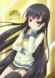 Rule 34 | 10s, 1girl, ahoge, black hair, black skirt, closed mouth, gloves, hair ribbon, half-closed eyes, hand on own cheek, hand on own face, highres, hime cut, holding own arm, isokaze (kancolle), kantai collection, kaon (kaon-kaon), long hair, long sleeves, looking at viewer, pleated skirt, red eyes, ribbon, sailor collar, shirt, simple background, single thighhigh, sitting, skirt, solo, thighhighs, tsurime, white gloves, white shirt, zettai ryouiki