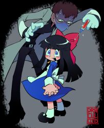 Rule 34 | 1boy, 1girl, alfred drevis, aya drevis, black hair, blue dress, blue eyes, blunt bangs, bow, brown hair, draculoid, dress, father and daughter, glasses, hair bow, highres, holding, holding syringe, lab coat, large bow, long hair, looking back, mad father, short hair, smile, syringe