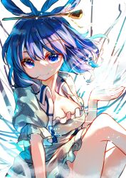 Rule 34 | 1girl, :3, blue dress, blue eyes, blue hair, breasts, chisel, cleavage, closed mouth, dress, hair ornament, hair rings, hair stick, highres, itsumizu, kaku seiga, large breasts, one-hour drawing challenge, open clothes, open vest, shawl, smile, solo, touhou, vest, white vest