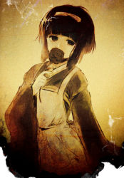 Rule 34 | 1girl, bow, burnt, claudia kurosaki, covering face, covering own mouth, covering privates, flower, hair bow, japanese clothes, kl (dgzonbi), old, photo (object), rose, rose guns days, sepia, short hair, sleeves past wrists, solo, torn