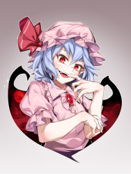 Rule 34 | 1girl, asutora, blue hair, brooch, fangs, finger to mouth, full moon, hair between eyes, hat, hat ribbon, highres, jewelry, mob cap, moon, open mouth, pointy ears, puffy short sleeves, puffy sleeves, red eyes, red ribbon, remilia scarlet, ribbon, scarlet devil mansion, short sleeves, simple background, slit pupils, smile, solo, touhou, upper body