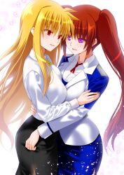 Rule 34 | 2girls, black skirt, blonde hair, blue skirt, blush, breasts, brown hair, engo (aquawatery), fate testarossa, highres, hug, large breasts, long hair, looking at another, lyrical nanoha, mahou shoujo lyrical nanoha strikers, military uniform, miniskirt, multiple girls, open mouth, purple eyes, red eyes, side ponytail, simple background, skirt, smile, takamachi nanoha, tsab air military uniform, tsab executive military uniform, uniform, white background, yuri