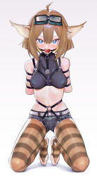 Rule 34 | 1girl, absurdres, aciddrop (arknights), ahoge, animal ears, arknights, ball, ball gag, bdsm, blue eyes, bondage, bound, bound arms, breasts, bridal legwear, bright pupils, brown hair, full body, gag, gagged, goggles, goggles on head, harness, highres, kneeling, looking at viewer, medium breasts, pantyhose, saaal653, second-party source, short hair, short shorts, shorts, skindentation, solo, stirrup legwear, striped clothes, striped pantyhose, toeless legwear, variant set, white pupils, wiffle gag