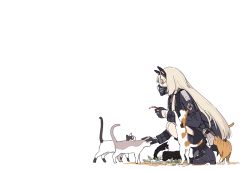 Rule 34 | 1girl, animal ears, black coat, black footwear, black gloves, blonde hair, boots, cat ears, cat mask, coat, from side, girls&#039; frontline, gloves, headpat, huqu, long hair, long sleeves, mask, mouth mask, negative space, petting, simple background, solo, squatting, white background