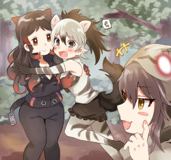 Rule 34 | +++, 3girls, aardwolf (kemono friends), aardwolf print, animal ears, arm around back, bare shoulders, black hair, black shorts, blush stickers, breasts, brown eyes, cleavage, closed mouth, collared jacket, day, elbow gloves, extra ears, fake tail, fang, finger to cheek, flying sweatdrops, frilled shorts, frills, furrowed brow, gloves, grey eyes, grey hair, hair between eyes, hand on another&#039;s back, hand up, hands up, high collar, high ponytail, highres, hippopotamus (kemono friends), hippopotamus ears, hood, hood up, hug, index finger raised, jacket, kemono friends, long hair, long sleeves, looking at another, multicolored hair, multiple girls, okinawa habu (kemono friends), open mouth, orange eyes, outdoors, outstretched arm, pants, pantyhose, pantyhose under shorts, print gloves, print pantyhose, print shirt, red hair, running, scared, shirt, shorts, sidelocks, sleeveless, sleeveless shirt, smile, spoken sweatdrop, standing, suicchonsuisui, sweatdrop, tail, tsurime, two-tone hair, zipper pull tab