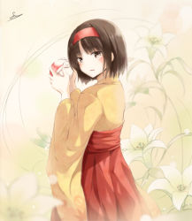Rule 34 | 1girl, black eyes, black hair, blurry, blush, creatures (company), depth of field, erika (pokemon), flower, fuu (fuore), game freak, gym leader, hairband, hakama, hakama skirt, holding, holding poke ball, japanese clothes, kimono, long sleeves, looking at viewer, nintendo, no nose, parted lips, plant, poke ball, pokemon, pokemon frlg, red hairband, short hair, skirt, solo, standing, wide sleeves