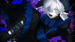 Rule 34 | 1boy, abstract, abstract background, belt, black dress, black footwear, blue bow, blue bowtie, blue eyes, boots, bow, bowtie, crazy eyes, dress, fangs, floating, frilled dress, frilled sleeves, frills, gothic lolita, hair between eyes, hand up, highres, lolita fashion, long sleeves, looking at viewer, male focus, multicolored eyes, open mouth, original, pale skin, short hair, smile, solo, white hair, xoxzxox