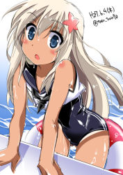 Rule 34 | 10s, 1girl, blonde hair, blue eyes, crop top, flower, gradient background, hair flower, hair ornament, kantai collection, lifebuoy, long hair, one-piece swimsuit, one-piece tan, ro-500 (kancolle), sailor collar, school swimsuit, solo, swim ring, swimsuit, swimsuit under clothes, tan, tanline, train 90, wet