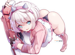 Rule 34 | 1girl, ahoge, arc system works, ass, blue eyes, boots, breasts, elphelt valentine, fingerless gloves, gloves, guilty gear, guilty gear strive, hot vr, jacket, looking at viewer, medium breasts, miniskirt, open mouth, short hair, skirt, smile, solo, thigh boots, thong, white hair