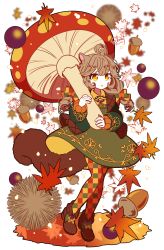 Rule 34 | 1girl, acorn, ahoge, animal ears, autumn leaves, bow, brown footwear, brown hair, checkered bow, checkered clothes, checkered legwear, chestnut, commentary, dress, elina (e2n04n), full body, green dress, hair bow, holding, holding mushroom, long sleeves, multicolored clothes, multicolored legwear, mushroom, open mouth, original, oversized object, pantyhose, shoes, simple background, solo, squirrel ears, squirrel tail, tail, twintails, unmoving pattern, white background, yellow eyes