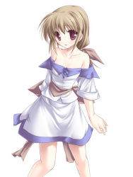 Rule 34 | 1girl, :d, bare shoulders, blonde hair, blush, bow, brown hair, detached sleeves, dress, flat chest, hair ribbon, long hair, looking at viewer, off shoulder, open mouth, ponytail, purple eyes, red eyes, ribbon, sash, simple background, skirt, sleeves rolled up, smile, solo, standing, strapless, strapless dress, tenmaso