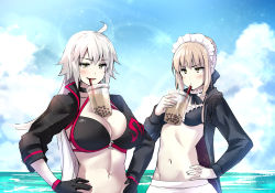 Rule 34 | 2girls, :d, apron, artoria pendragon (alter swimsuit rider) (fate), artoria pendragon (alter swimsuit rider) (second ascension) (fate), artoria pendragon (fate), bikini, black bikini, black gloves, blonde hair, blue sky, blush, breast envy, breasts, bubble tea challenge, cleavage, cloud, drinking straw, fate/grand order, fate (series), gloves, hand on own hip, hands on own hips, huge breasts, jacket, jeanne d&#039;arc alter (swimsuit berserker) (fate), jeanne d&#039;arc (fate), jeanne d&#039;arc alter (fate), jeanne d&#039;arc alter (swimsuit berserker) (fate), keigen hichou, large breasts, long hair, maid headdress, multiple girls, navel, ocean, open mouth, outdoors, pale skin, platinum blonde hair, pout, sky, small breasts, smile, swimsuit, yellow eyes