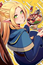 Rule 34 | 2girls, 3boys, :t, ^ ^, animal ears, black hair, blonde hair, blue capelet, blue dress, bowl, caminukai, capelet, cat ears, chilchuck tims, closed eyes, dress, dungeon meshi, food, green eyes, half up braid, holding, holding bowl, holding spoon, izutsumi, laios touden, long hair, looking at viewer, marcille donato, mini person, miniboy, minigirl, multiple boys, multiple girls, pointy ears, red hair, senshi (dungeon meshi), smile, soup, spoon, very long hair