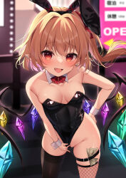 Rule 34 | 1girl, absurdres, animal ears, asymmetrical legwear, banknote, black leotard, black thighhighs, blonde hair, blush, breasts, commentary request, crystal, detached collar, fake animal ears, fang, fishnet thighhighs, fishnets, flandre scarlet, highres, leotard, long hair, looking at viewer, mismatched legwear, miy@, money, one side up, open mouth, rabbit ears, red eyes, small breasts, smile, solo, strapless, strapless leotard, thighhighs, touhou, tucked money, wings, wrist cuffs