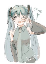 Rule 34 | 1girl, ;d, bare shoulders, black skirt, black sleeves, collared shirt, detached sleeves, frilled shirt, frills, green eyes, green necktie, green shirt, hair between eyes, hanako151, hand up, hatsune miku, long hair, looking at viewer, necktie, one eye closed, open mouth, shirt, signature, sketch, skirt, sleeveless, sleeveless shirt, smile, solo, spring onion, twintails, upper body, very long hair, vocaloid, w, white background