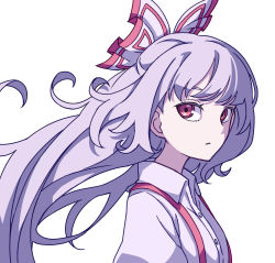 Rule 34 | 1girl, absurdres, bow, closed mouth, collared shirt, eyebrows hidden by hair, floating hair, from side, fujiwara no mokou, grey hair, hair bow, highres, kame (kamepan44231), long hair, looking at viewer, multicolored bow, one-hour drawing challenge, red bow, red eyes, shirt, simple background, solo, suspenders, touhou, upper body, white background, white bow, white shirt