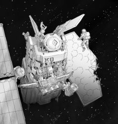 Rule 34 | 1other, ambiguous gender, astronaut, commentary, english commentary, from behind, greyscale, monochrome, original, satellite, space, star (sky), y naf