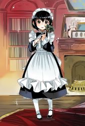 Rule 34 | 1girl, apron, bell, black dress, black footwear, black hair, bob cut, bookshelf, dress, duster, feather duster, fireplace, full body, indoors, long sleeves, looking at viewer, maid, maid apron, maid headdress, mary janes, neck ribbon, pantyhose, parted lips, petticoat, picture frame, ribbon, rug, shirley (manga), shirley medison, shoes, short hair, smile, solo, sparkle, standing, sunameri oishii, white pantyhose, wooden floor