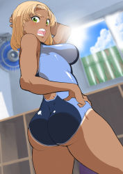 Rule 34 | 1girl, arm up, armpits, ass, blonde hair, blurry, blurry background, blush, breasts, cloud, day, dressing, electric fan, female focus, from behind, from below, green eyes, groin, gyaru, hand on own hip, highres, indoors, large breasts, legs, light blush, looking at viewer, looking back, medium hair, mature female, minamida usuke, nose blush, one-piece swimsuit, open mouth, original, sideboob, sky, solo, standing, sun, sunlight, swimsuit, tan, tanline, thighs, tomodachi no mama roshutsu jiyuu kenkyuu, window