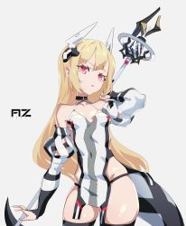 Rule 34 | 1girl, absurdres, bare shoulders, blonde hair, cancell, detached sleeves, headgear, highres, holding, holding staff, holding weapon, original, red eyes, skindentation, solo, staff, weapon, white background