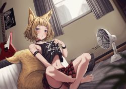 Rule 34 | 1girl, absurdres, animal ears, armlet, bed, black tank top, blonde hair, blue eyes, carpet, clothes lift, collar, commission, cropped shirt, curtains, electric fan, electric guitar, fox ears, fox girl, fox tail, guitar, highres, hot, indian style, instrument, king diamond, lifting own clothes, lobsteranian, looking at viewer, miniskirt, multicolored hair, navel, on ground, original, pillow, plaid, plaid skirt, pleated skirt, poster (object), purple hair, red skirt, shirt lift, short hair, sitting, skirt, solo, spiked armlet, streaked hair, sweat, tail, tank top, two-tone hair, window, wristband