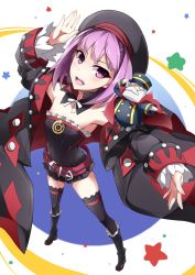 Rule 34 | 1girl, bare shoulders, belt, black thighhighs, blush, fate/grand order, fate (series), flat chest, foreshortening, hat, helena blavatsky (fate), helena blavatsky (third ascension) (fate), jacket, looking at viewer, open mouth, purple eyes, purple hair, red-eyes macadamiachoco, sefirot, short hair, smile, solo, strapless, thighhighs