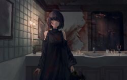 Rule 34 | 2girls, absurdres, bathroom, black dress, blood, blood on clothes, blood on face, blood on hands, blood on wall, blunt bangs, blunt ends, candle, candlestand, clothing cutout, dot nose, dress, expressionless, fire, glass, hand on another&#039;s head, highres, indoors, kyano (kyanora3141), light particles, long sleeves, medium hair, multiple girls, murder, original, out of frame, plant, potted plant, red eyes, reflection, shoulder cutout, sink, standing, tile wall, tiles, turtleneck