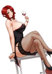 Rule 34 | 1girl, bare shoulders, batako (batakoart), black dress, black footwear, blush, breasts, cleavage, commission, crossed legs, cup, dress, drinking glass, fishnet thighhighs, fishnets, garter straps, green eyes, high heels, highres, holding, holding cup, large breasts, legs, looking at viewer, original, pointy ears, red hair, short hair, simple background, sitting, smile, solo, thighhighs, white background, wine glass