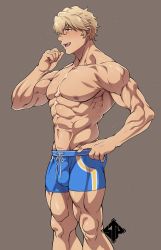 Rule 34 | 1boy, abs, artist logo, bara, biceps, blonde hair, blue eyes, blush, brown background, hand on own hip, highres, large pectorals, looking to the side, male focus, manly, messy hair, muscular, muscular male, navel, nipples, open mouth, original, pectorals, shorts, smile, solo, standplay, sweat, sweatdrop, teeth, thick arms, thick eyebrows, thick thighs, thighs, tight clothes, tongue, topless male