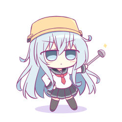 Rule 34 | 1girl, black sailor collar, black thighhighs, blue eyes, blush, bucket hat, chibi, frown, grey hair, hair between eyes, hand on own hip, hand up, hat, hibiki (kancolle), highres, holding, holding ladle, kantai collection, kashimu, ladle, long hair, long sleeves, looking at viewer, neckerchief, pleated skirt, red neckerchief, sailor collar, school uniform, serafuku, simple background, skirt, solo, thighhighs, white background