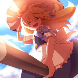 Rule 34 | 1girl, apron, back bow, blonde hair, blue bow, blue skirt, blue vest, bow, broom, broom riding, buttons, cloud, cloudy sky, collared shirt, day, floating hair, flying, frilled apron, frilled hat, frills, happy, hat, highres, holding, holding broom, kirisame marisa, long hair, min1223, open mouth, outdoors, shirt, short sleeves, skirt, sky, solo, touhou, very long hair, vest, waist apron, white apron, white bow, white shirt, witch hat, yellow eyes