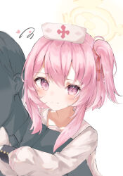 Rule 34 | 1boy, 1girl, blue archive, blush, closed mouth, hair between eyes, halo, hat, heart, highres, long sleeves, noko (nco029685627), nurse cap, one side up, pink eyes, pink hair, sensei (blue archive), serina (blue archive), short hair, simple background, white background, white headwear, yellow halo
