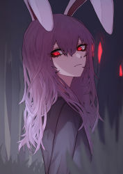 Rule 34 | 1girl, 33 gaff, animal ears, blazer, expressionless, forest, glowing, glowing eyes, grass, hair between eyes, jacket, light purple hair, long hair, long sleeves, looking to the side, moon, nature, night, rabbit ears, red eyes, red moon, reisen udongein inaba, solo, touhou, tree