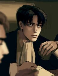 Rule 34 | 2boys, ascot, black eyes, black hair, character request, closed mouth, cup, highres, holding, holding cup, levi (shingeki no kyojin), looking at another, male focus, multiple boys, parted bangs, rozavay, shingeki no kyojin, short hair, solo focus, upper body, white ascot