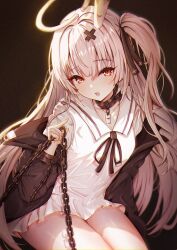 Rule 34 | 1girl, absurdres, black background, chain, collar, collarbone, collared dress, commentary, cowboy shot, crown, dress, frilled dress, frills, hair ornament, halo, highres, holding, holding chain, indie virtual youtuber, jacket, long hair, long sleeves, looking at viewer, metal collar, mini crown, mito soosu, monochrome, neck ribbon, off shoulder, one side up, open clothes, open jacket, open mouth, puffy long sleeves, puffy sleeves, red eyes, ribbon, simple background, solo, spot color, thighs, tokusari kukuri, virtual youtuber, x hair ornament