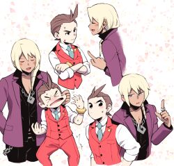 Rule 34 | &gt; &lt;, 2boys, ace attorney, antenna hair, apollo justice, apollo justice: ace attorney, blonde hair, blue necktie, blush, bracelet, brown hair, cheek pinching, closed eyes, closed mouth, collared shirt, crossed arms, earrings, formal, index finger raised, jacket, jewelry, klavier gavin, long hair, looking at another, male focus, minashirazu, multiple boys, multiple views, necklace, necktie, open mouth, pants, pinching, ring, shirt, short hair, simple background, smile, suit, sweatdrop, vest, white background