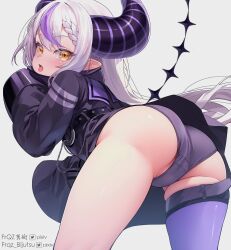 Rule 34 | 1girl, absurdres, ass, belt, braid, coat, coat dress, frqz bijutsu, grey hair, highres, hololive, horns, la+ darknesss, la+ darknesss (1st costume), looking at viewer, multicolored hair, open mouth, panties, pointy ears, purple coat, purple hair, purple panties, purple thighhighs, single braid, single thighhigh, sleeves past fingers, sleeves past wrists, streaked hair, tail, thigh belt, thigh strap, thighhighs, tongue, tongue out, underwear, virtual youtuber, yellow eyes