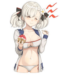 Rule 34 | 1girl, absurdres, bikini, black ribbon, blush, bowl, brain freeze, breasts, cleavage, closed eyes, collarbone, cropped legs, eyes visible through hair, facing viewer, food, full mouth, girls&#039; frontline, gluteal fold, groin, hair ribbon, highres, holding, holding bowl, holding spoon, jacket, large breasts, long hair, navel, official alternate costume, ohihil, open clothes, open jacket, ribbon, shaved ice, sidelocks, silver hair, simple background, solo, spas-12 (girls&#039; frontline), spas-12 (midsummer fruit) (girls&#039; frontline), spoon, standing, stomach, swimsuit, twintails, white background, white bikini
