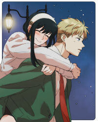 Rule 34 | 1boy, 1girl, absurdres, black hair, blonde hair, blue eyes, blush, carrying, carrying person, closed eyes, closed mouth, coat, earrings, gold earrings, green jacket, hairband, highres, jacket, jewelry, lamppost, long hair, necktie, night, night sky, outdoors, piggyback, red necktie, shirt, short hair, sky, smile, spy x family, tama . kogifu, twilight (spy x family), white hairband, white shirt, yor briar
